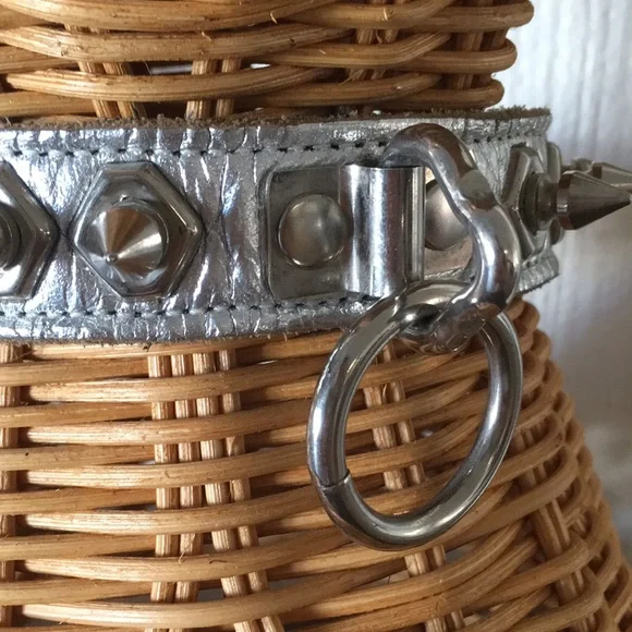 Silver spiked leather lead collar costume Fetish Halloween GoGo Dancer - Picture 4 of 12